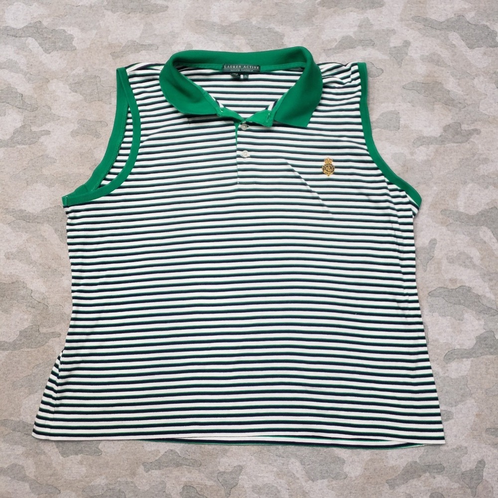VTG Ralph Lauren Polo Top‎ Womens XL Green Y2k Sport Striped Embroidered Crest